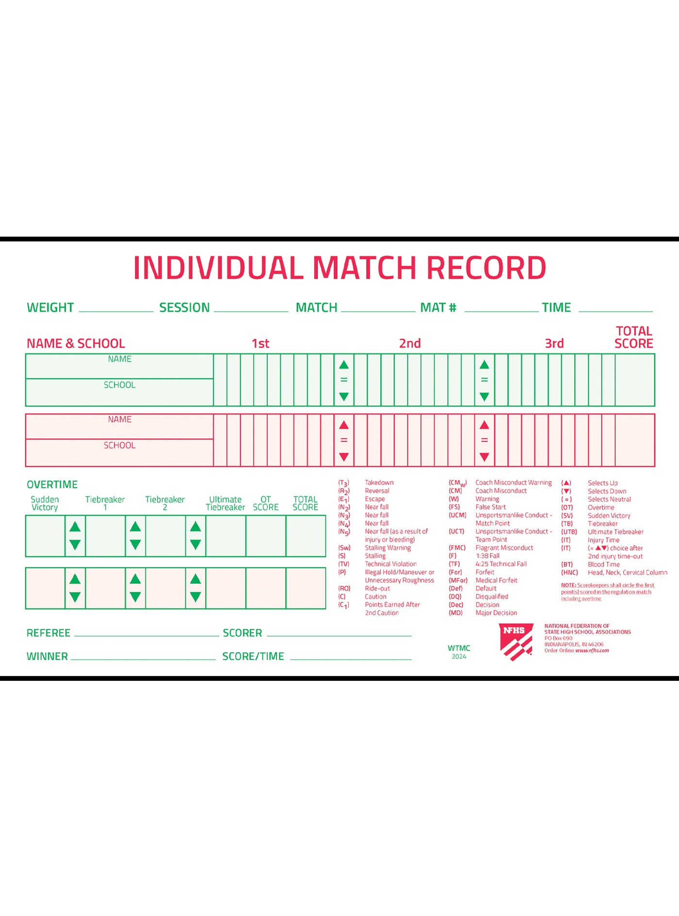 Wrestling Tournament Match Cards (100 Per Package)