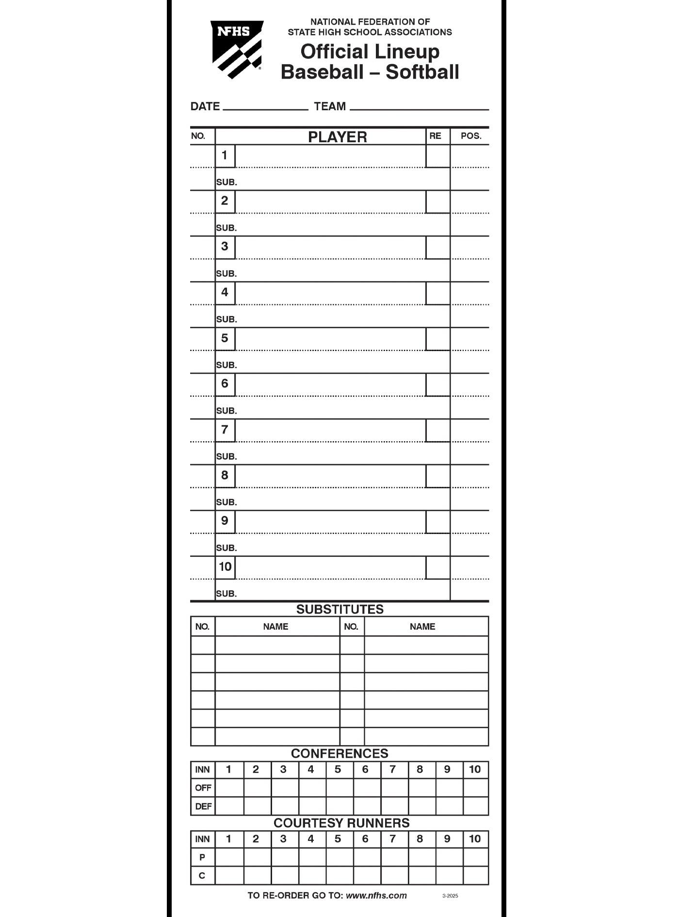 Baseball/Softball Lineup Sheets (100 sheets)
