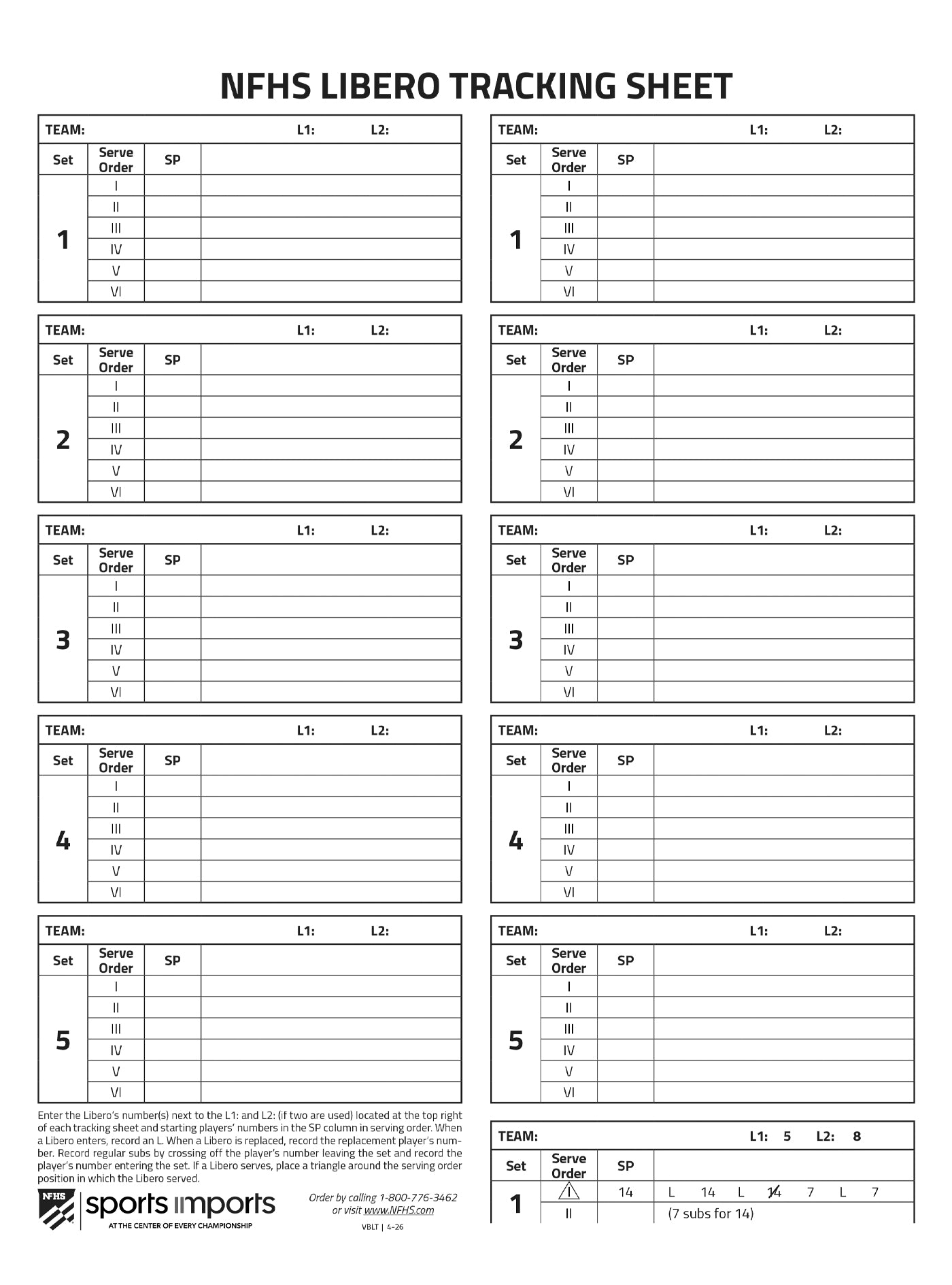 Volleyball Libero Tracking (50 sheets per pad)